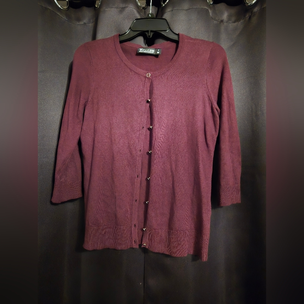 7th Avenue Design Studio Burgundy Button Cardigan | 3/4 Sleeve Sweater | Size M